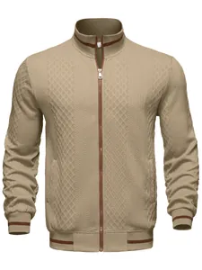 Macro view of men's tan zip-up jacket showing diamond texture and contrast stripes