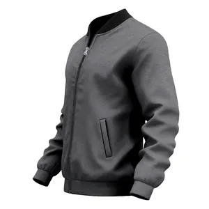 Side view of charcoal grey minimalist bomber jacket with zip-up stand collar detail