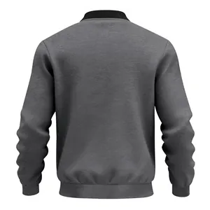 Back view of a grey vintage bomber jacket for men with a black ribbed stand collar.