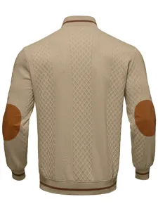 Back detail of men's khaki jacket with diamond texture and brown elbow patches