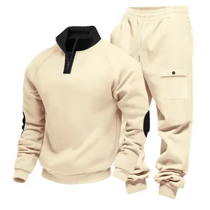 Men's heavy fleece winter tracksuit set with quarter-zip stand collar and cargo pocket pants