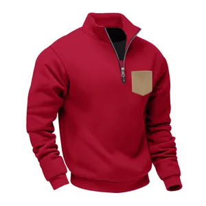 Red heavyweight fleece quarter-zip sweatshirt with a contrasting khaki chest pocket detail