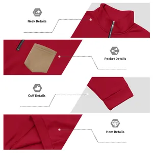 Close-up details of men's red heavy fleece sweatshirt showing collar, pocket, and cuffs.
