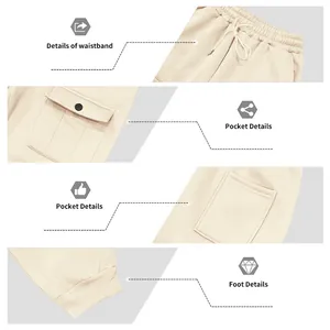 Close-up details of men's heavy fleece cargo sweatpants showing waistband and pockets
