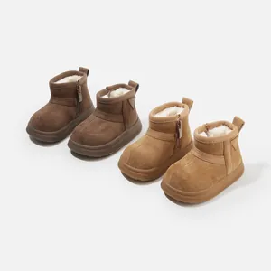 Minimalist warm fleece-lined baby winter snow boots for toddlers in brown and tan