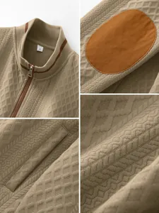 Detailed view of men's quilted zip-up jacket featuring brown elbow patches and texture