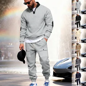 Men Heavy Fleece Lined Cargo Hoodie And Sweatpants Set Stand Collar 1/4 Zip Winter Warm Urban Casual Top And Bottom