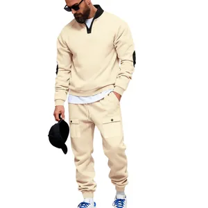 Men's heavy fleece beige half-zip sweatshirt and cargo jogger pants tracksuit set
