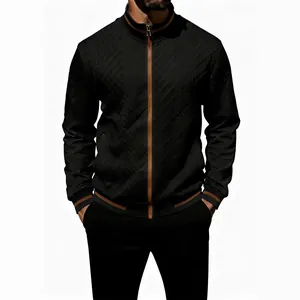 Stylish men's quilted casual zip-up jacket with brown contrast zipper and collar trim detail