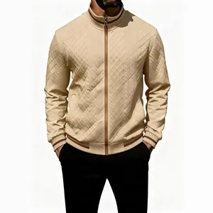 Stylish men's casual quilted zip-up jacket in beige with contrast striped ribbing