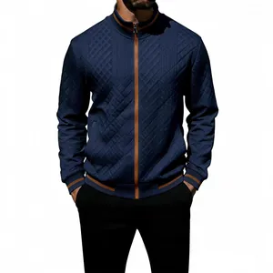 Men's casual navy blue quilted zip-up jacket with stylish contrast collar and hem details