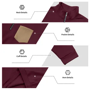 Close-up views of the neck, pocket, cuff, and hem details on this maroon men's sweatshirt.
