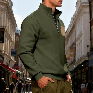 Men's olive green quarter-zip heavyweight fleece sweatshirt with contrast pocket.