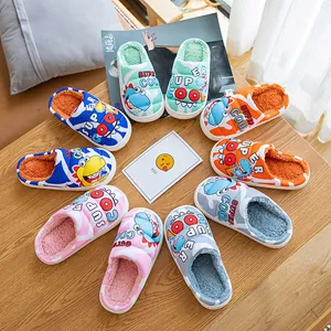 Kids Winter Warm Plush Slippers Cartoon Dinosaur Cotton Fabric Indoor Non-Slip House Shoes For Boys Girls Comfortable Home Footwear