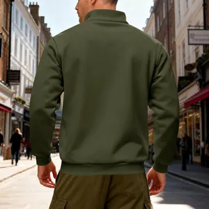 Back view of men's army green heavyweight fleece sweatshirt with a stand collar.