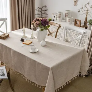 European style beige cotton linen tablecloth with white decorative tassels