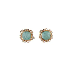 Vintage French style mint green enamel and pearl stud earrings with 925 silver needle.