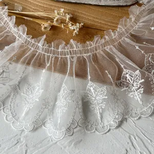 Butterfly Embroidery White Mesh Lace Trim Pleated Ribbon For DIY Lolita Dress Apparel Sewing Accessories Chemical Fiber Fabric