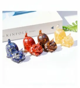Natural crystal chip epoxy resin cat figurine tabletop decor for office and home living room.