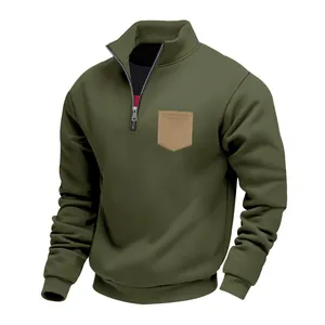 Front view of men's olive green quarter-zip sweatshirt with contrast chest pocket