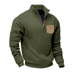 Detailed view of olive green quarter-zip fleece sweatshirt with contrast pocket