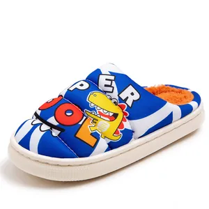 Cute winter kids cotton slippers with cartoon dinosaur print and non-slip warm sole