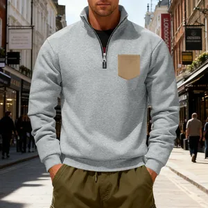 Men's premium grey heavyweight fleece quarter-zip sweatshirt with contrast khaki pocket