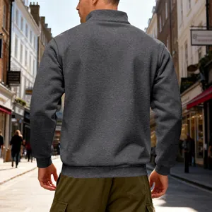 Back view of heavy dark grey fleece sweatshirt for men with a stand collar