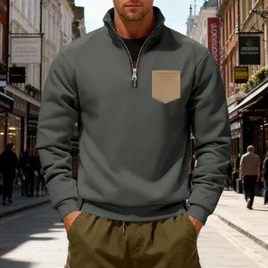 American style men's heavy fleece half-zip sweatshirt with stand collar and chest pocket