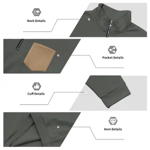 Close-up details of men's quarter-zip sweatshirt showing neck, pocket, cuff, and hem.