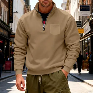 Men's heavy khaki quarter-zip fleece sweatshirt with a functional stand collar design