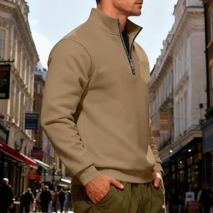 Men's heavyweight fleece quarter-zip sweatshirt in khaki with standing collar and pocket