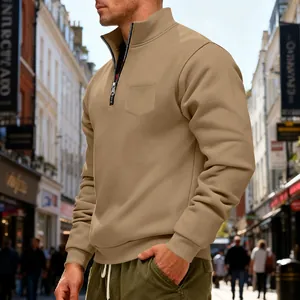 Men's khaki heavy fleece sweatshirt featuring a 1/4 zip stand collar and chest pocket