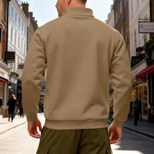 Back view of a khaki stand-up collar fleece sweatshirt for men in outdoor street
