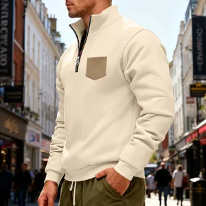 Side view of a men's heavy fleece quarter-zip sweatshirt in cream with a khaki pocket