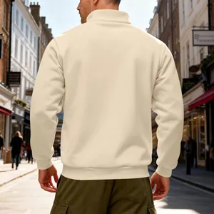 Rear view of a men's casual heavy cream fleece sweatshirt with a stylish stand collar.