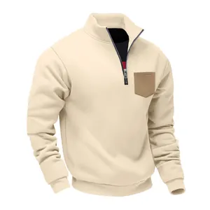 Detail view of the stand collar and zip on a men's heavy fleece sweatshirt in beige