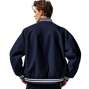 Giacca bomber da uomo in pile blu navy con bordi a strisce bianche stile sportivo