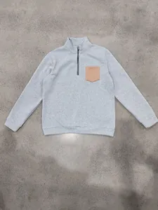 Men's heavy fleece gray half-zip sweatshirt with stand collar and brown pocket detail