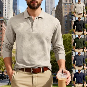 Polo décontracté lourd pour hommes avec motif jacquard et manches longues style urbain