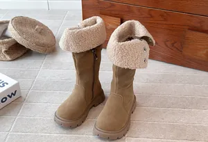 Warm girls' Maillard brown tall boots featuring plush fleece-lined turnover collars for winter.