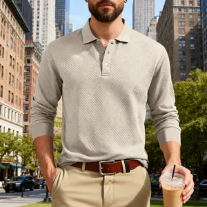 Polo en jacquard lourd pour homme à manches longues, style urbain beige élégant