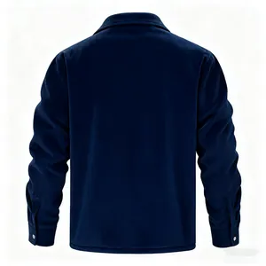 Back view of a navy blue corduroy men's jacket featuring a ribbed texture and collar.