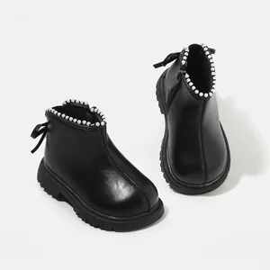 Stivali Martin per Ragazze Scarpe in Pelle Microfibra di Moda con Fiocco in Perla Artificiale Cerniera Laterale Antiscivolo Stivaletti per Bambini