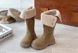 Warm girls' brown suede high boots with cream faux shearling fold-over collar for winter