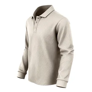 Sweat-shirt polo à manches longues pour hommes avec texture jacquard géométrique crème