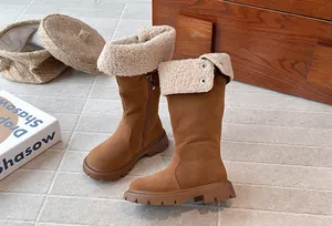 Stylish brown suede faux shearling lined winter boots for girls with fold-over cuffs