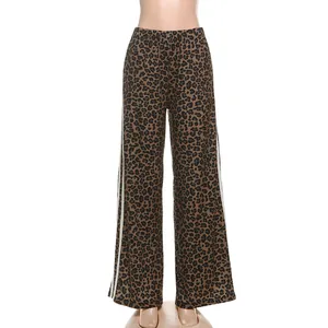Stylish high-waisted leopard print wide-leg trousers for women on a mannequin display.