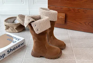 Warm brown suede-like girls' winter boots with cozy faux fur lining and fold-over cuffs