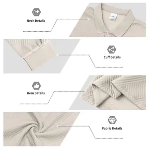 Vues détaillées du col, des poignets, de l'ourlet et de la qualité du tissu du polo texturé.
